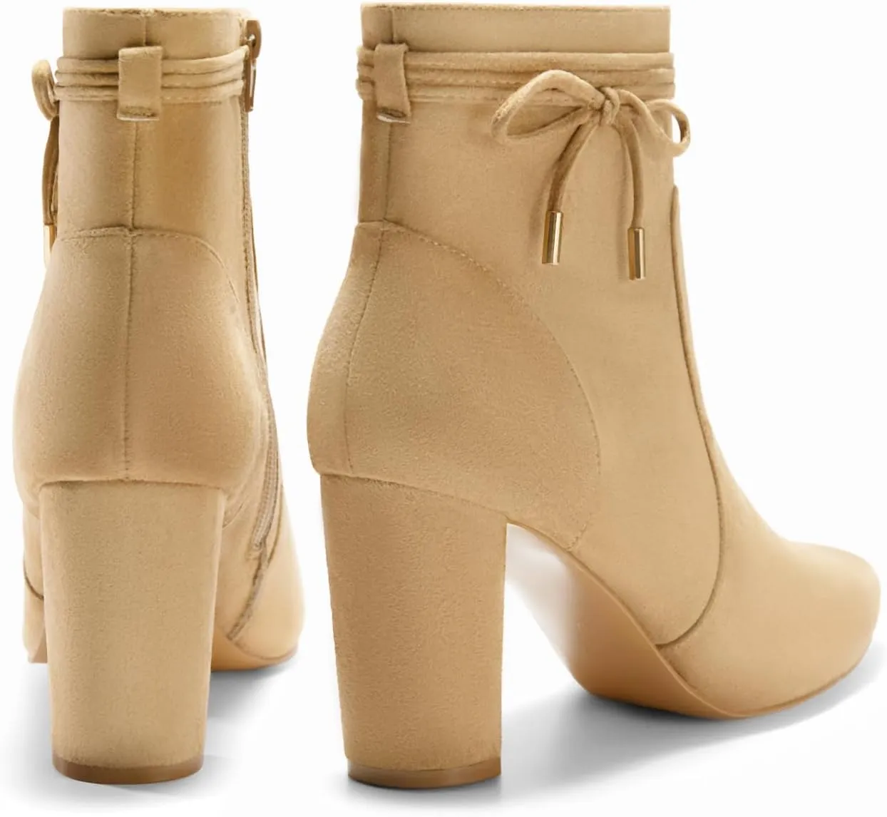 Coutgo Womens Pointed Toe Ankle Boots Chunky Block Heel Tie Knot Side Zipper Dressy Booties
