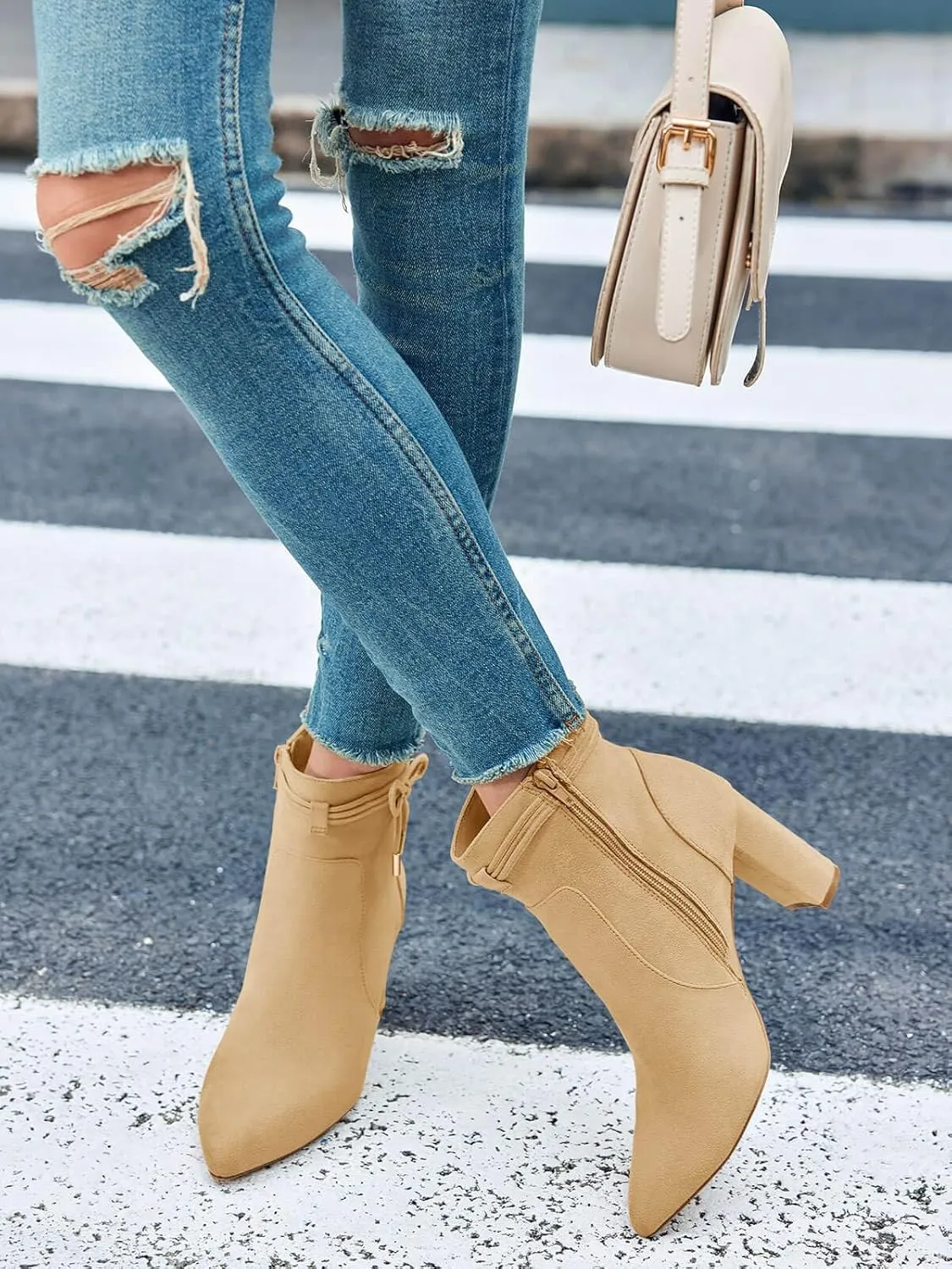 Coutgo Womens Pointed Toe Ankle Boots Chunky Block Heel Tie Knot Side Zipper Dressy Booties