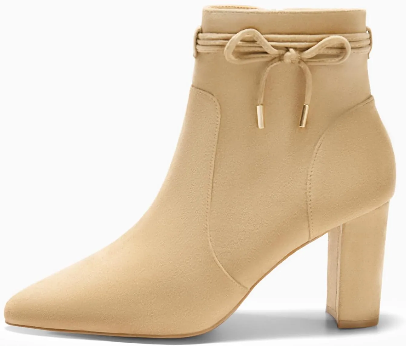 Coutgo Womens Pointed Toe Ankle Boots Chunky Block Heel Tie Knot Side Zipper Dressy Booties