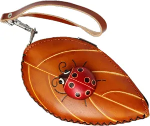 Creative Leaf Leather Coin Purse,Nice-looking Ladybug Purse,Handmade Leather Leaf Key Case,Beautiful Beetle Purses Ladybug Wallet,Ladybug Coin Purse,Beetle Leaf Wallets (Brown)