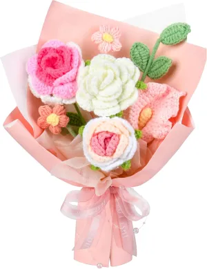Crochet Flowers Bouquet Rose Handmade Knitted Bouquet Completed Crochet Pink Rose Bouquet for Mother's Day Birthday Wedding (Pink)
