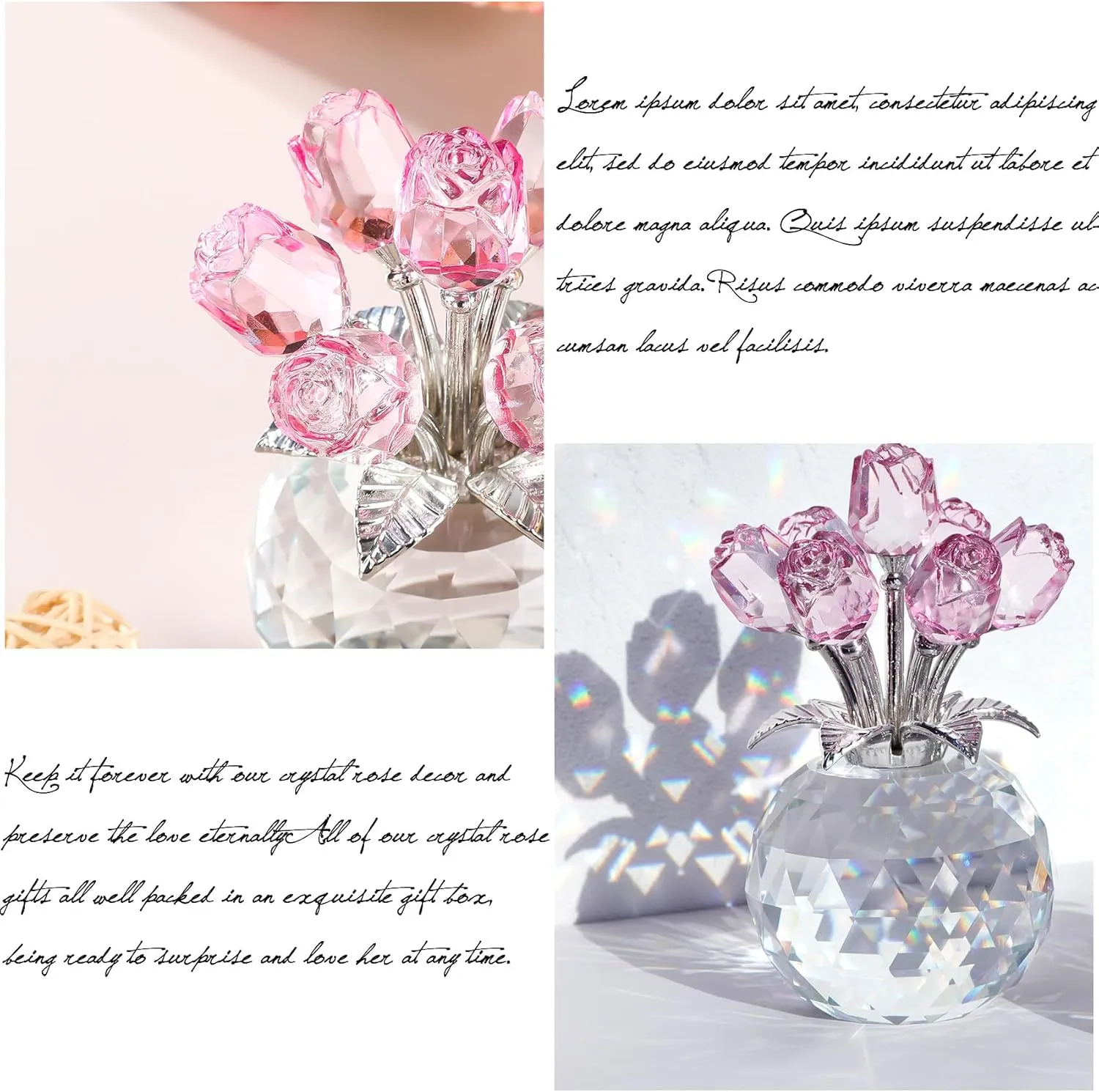 Crystal Rose Bouquet Flower Figurine - Pink Rose Gifts for Women, Collectible Floral Glass Ornaments for Valentine's Day, Mother's Day, Boxed