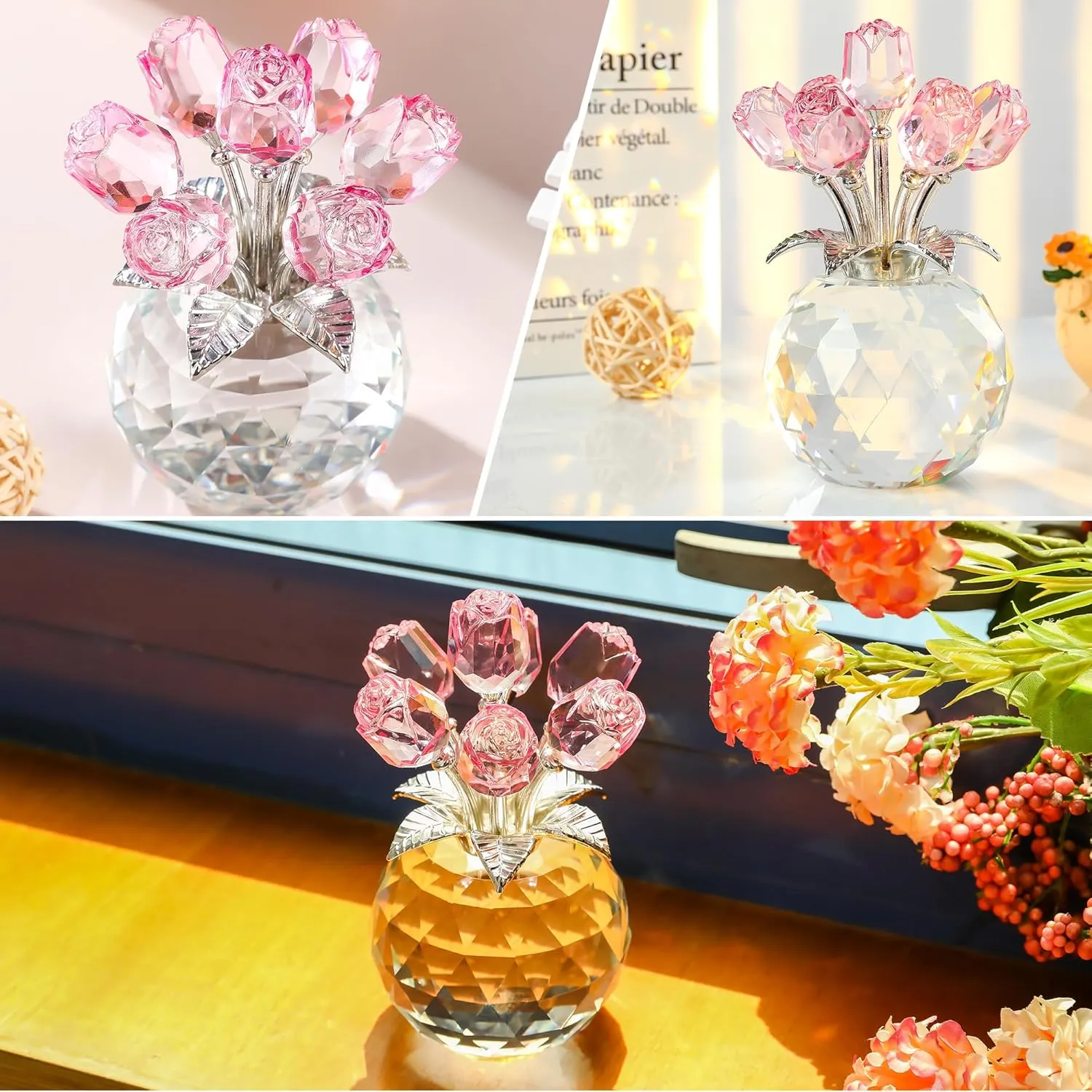 Crystal Rose Bouquet Flower Figurine - Pink Rose Gifts for Women, Collectible Floral Glass Ornaments for Valentine's Day, Mother's Day, Boxed