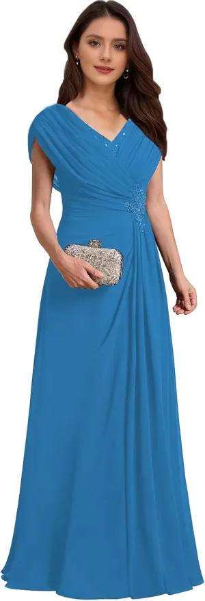 Curvy Chiffon Ruched Mother of The Bride Dresses Cap Sleeve Grandmother Dresses Lace Applique Formal Evening Party Gown