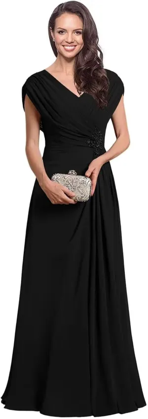 Curvy Chiffon Ruched Mother of The Bride Dresses Cap Sleeve Grandmother Dresses Lace Applique Formal Evening Party Gown