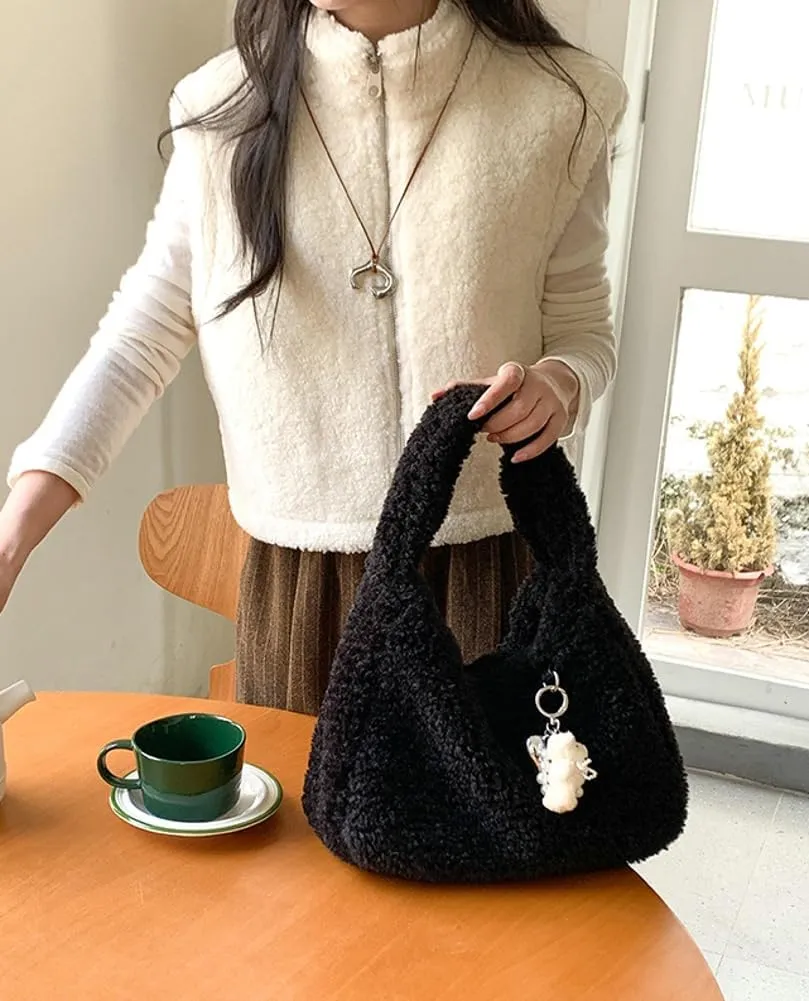 Cute Lambwool Bag for Women Soft Plush Shoulder Purses and Handbag Trendy Winter Faux Fur Clutch Purse Small Tote Bag