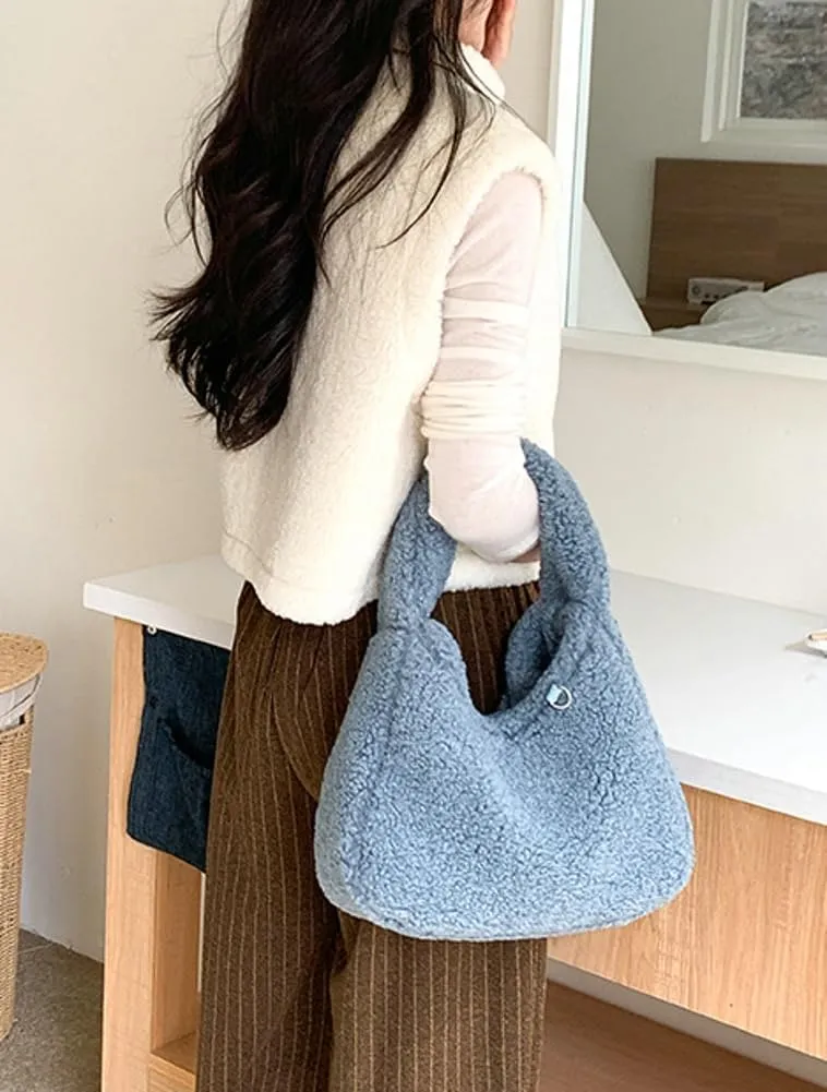 Cute Lambwool Bag for Women Soft Plush Shoulder Purses and Handbag Trendy Winter Faux Fur Clutch Purse Small Tote Bag