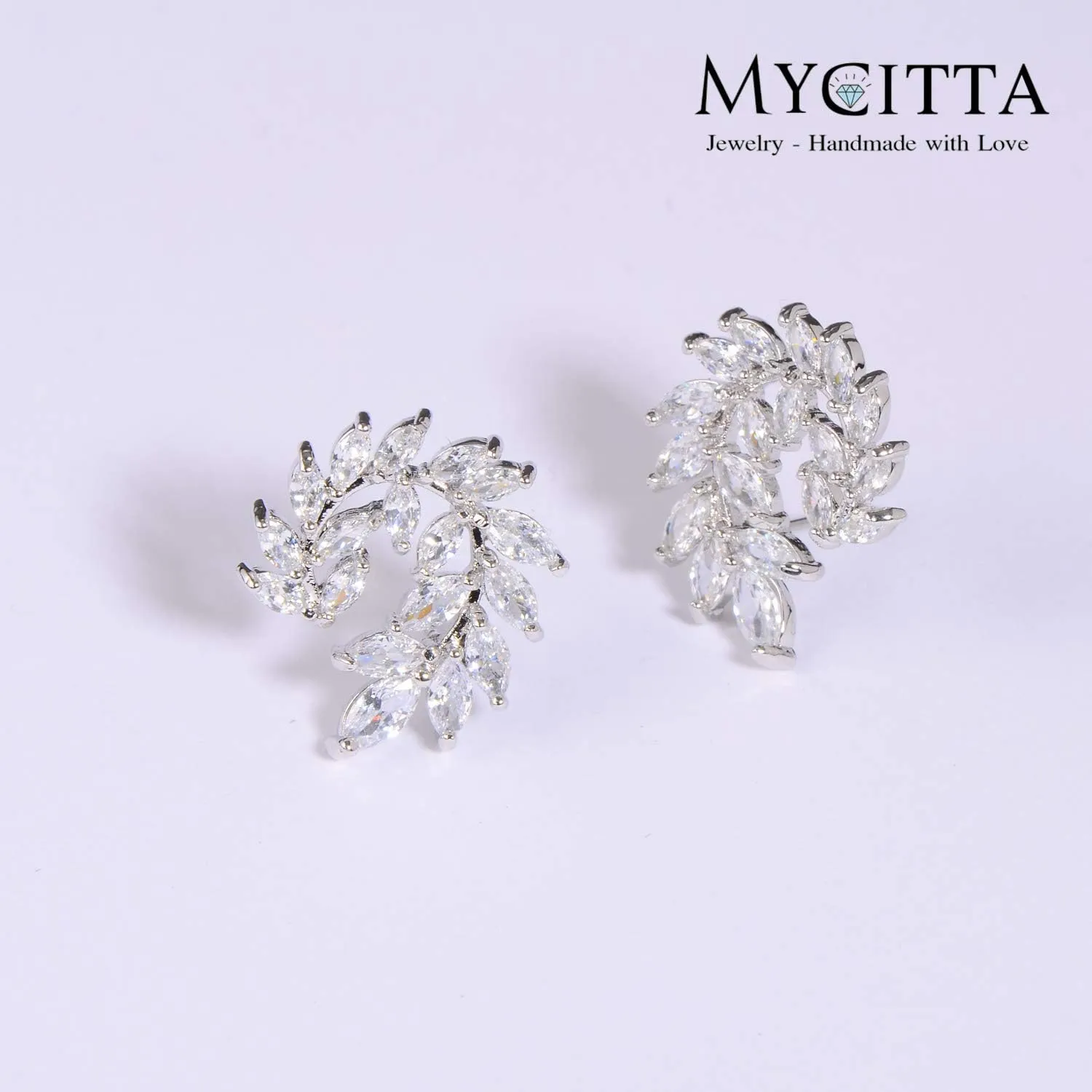 CZ Cluster Earrings for Women Gorgeous Marquis-Cut Cubic Zirconia Curved Bridal Wedding Banquet Stud Earrings for Bride Bridesmaids Fashion Olive Branch Stud Earring Leaves Shape Jewelry