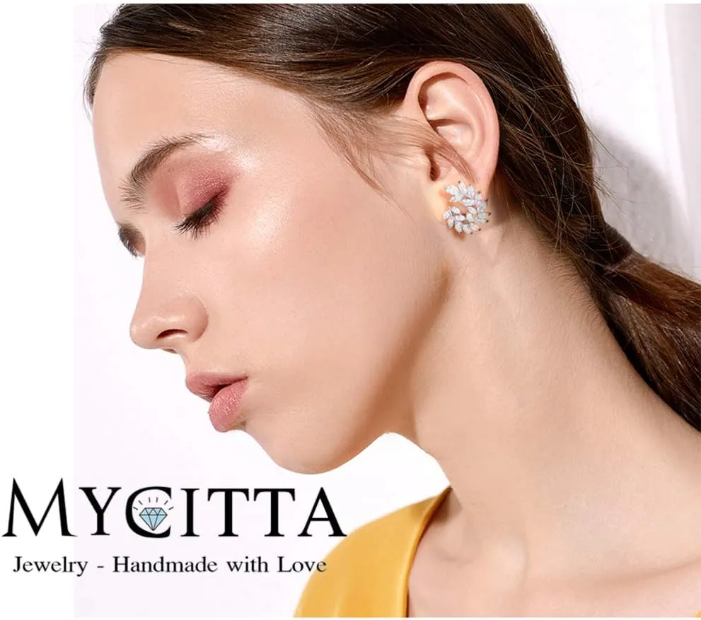 CZ Cluster Earrings for Women Gorgeous Marquis-Cut Cubic Zirconia Curved Bridal Wedding Banquet Stud Earrings for Bride Bridesmaids Fashion Olive Branch Stud Earring Leaves Shape Jewelry