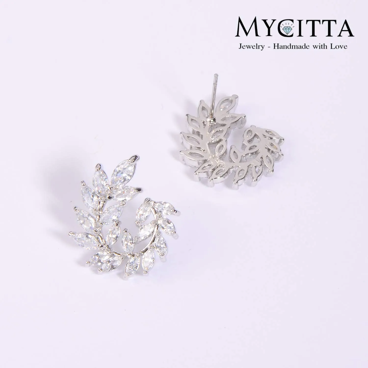 CZ Cluster Earrings for Women Gorgeous Marquis-Cut Cubic Zirconia Curved Bridal Wedding Banquet Stud Earrings for Bride Bridesmaids Fashion Olive Branch Stud Earring Leaves Shape Jewelry