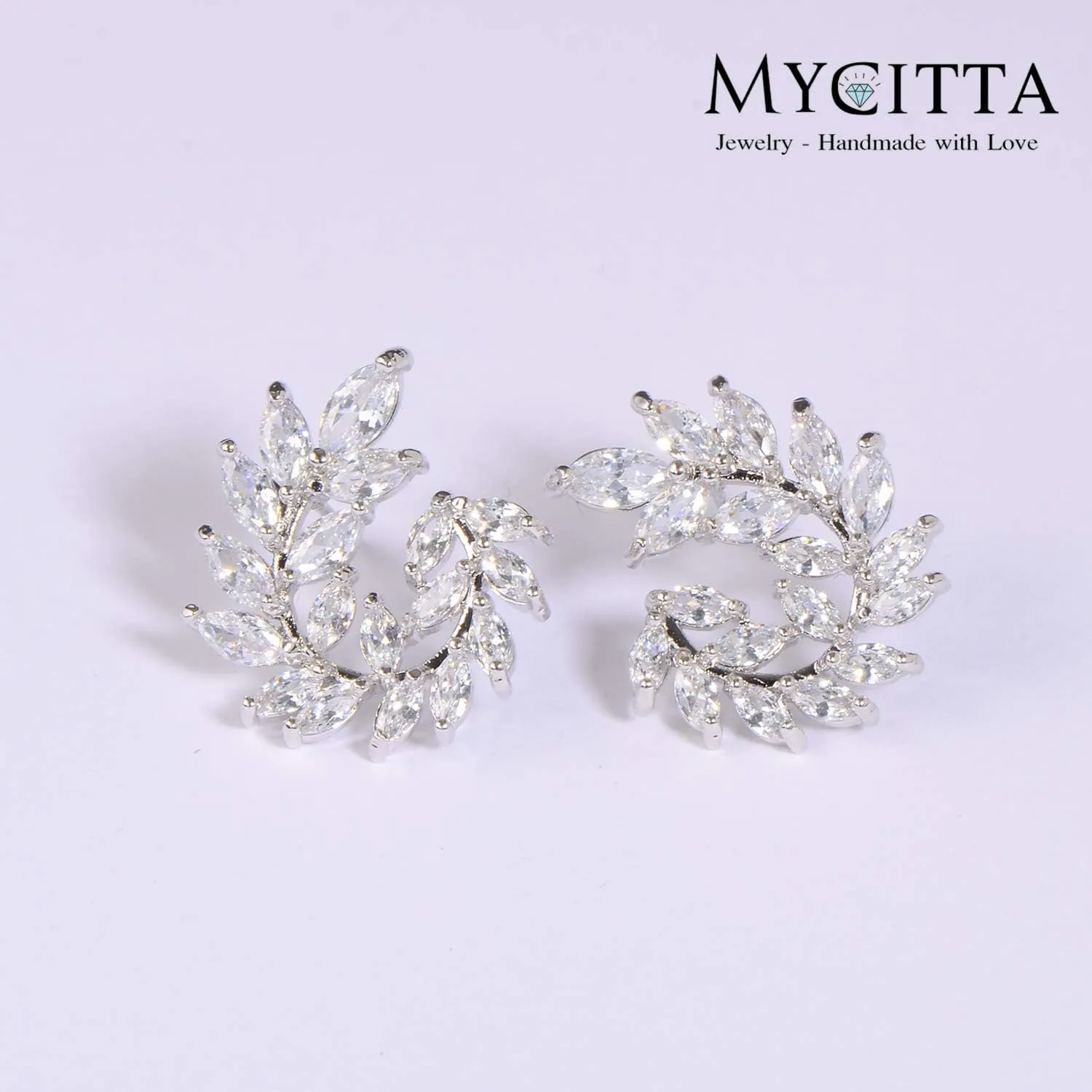 CZ Cluster Earrings for Women Gorgeous Marquis-Cut Cubic Zirconia Curved Bridal Wedding Banquet Stud Earrings for Bride Bridesmaids Fashion Olive Branch Stud Earring Leaves Shape Jewelry
