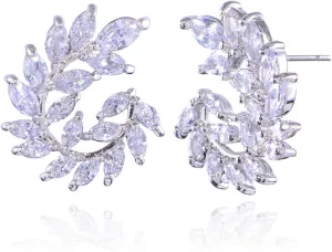 CZ Cluster Earrings for Women Gorgeous Marquis-Cut Cubic Zirconia Curved Bridal Wedding Banquet Stud Earrings for Bride Bridesmaids Fashion Olive Branch Stud Earring Leaves Shape Jewelry