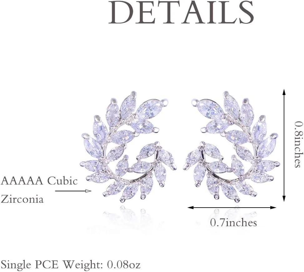 CZ Cluster Earrings for Women Gorgeous Marquis-Cut Cubic Zirconia Curved Bridal Wedding Banquet Stud Earrings for Bride Bridesmaids Fashion Olive Branch Stud Earring Leaves Shape Jewelry