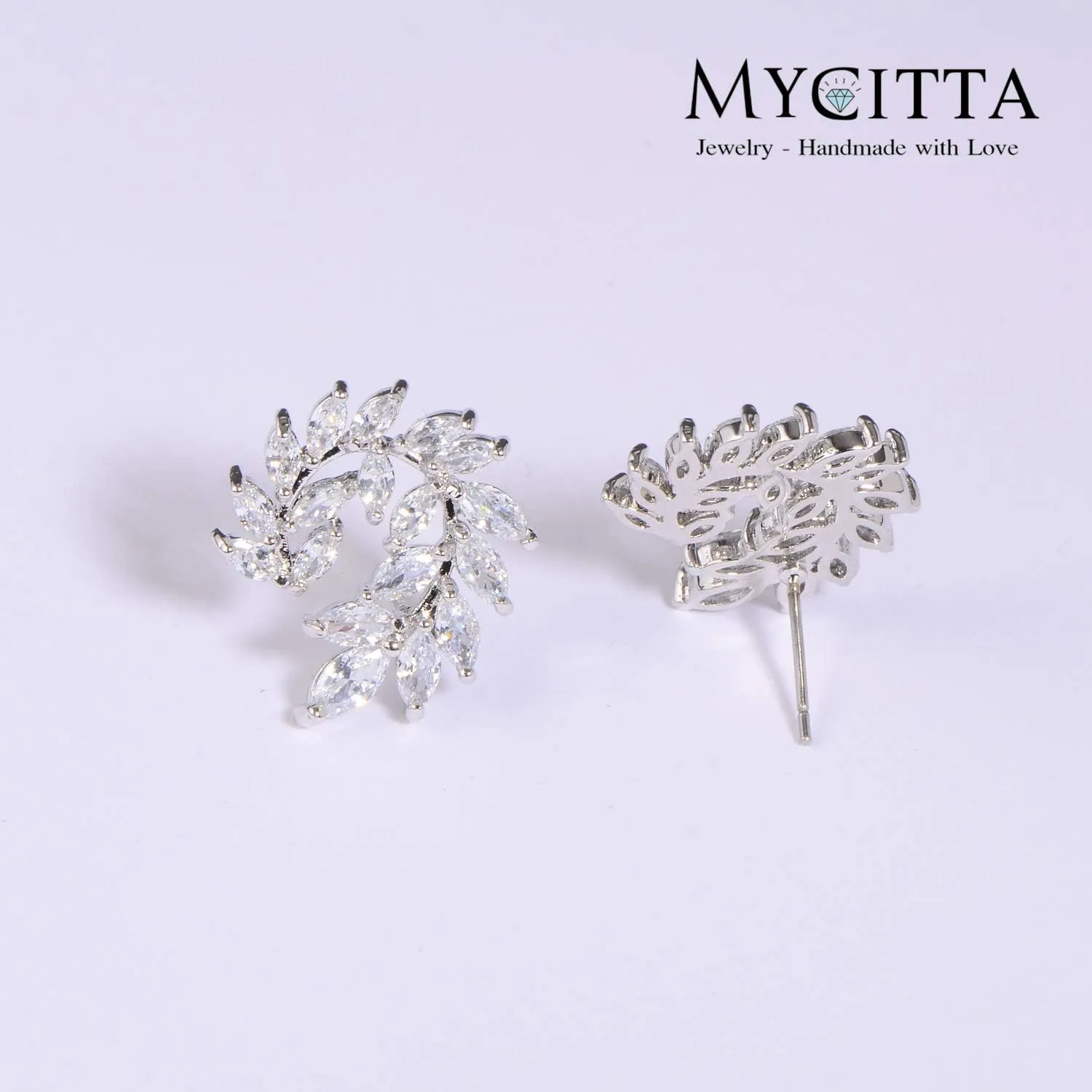 CZ Cluster Earrings for Women Gorgeous Marquis-Cut Cubic Zirconia Curved Bridal Wedding Banquet Stud Earrings for Bride Bridesmaids Fashion Olive Branch Stud Earring Leaves Shape Jewelry