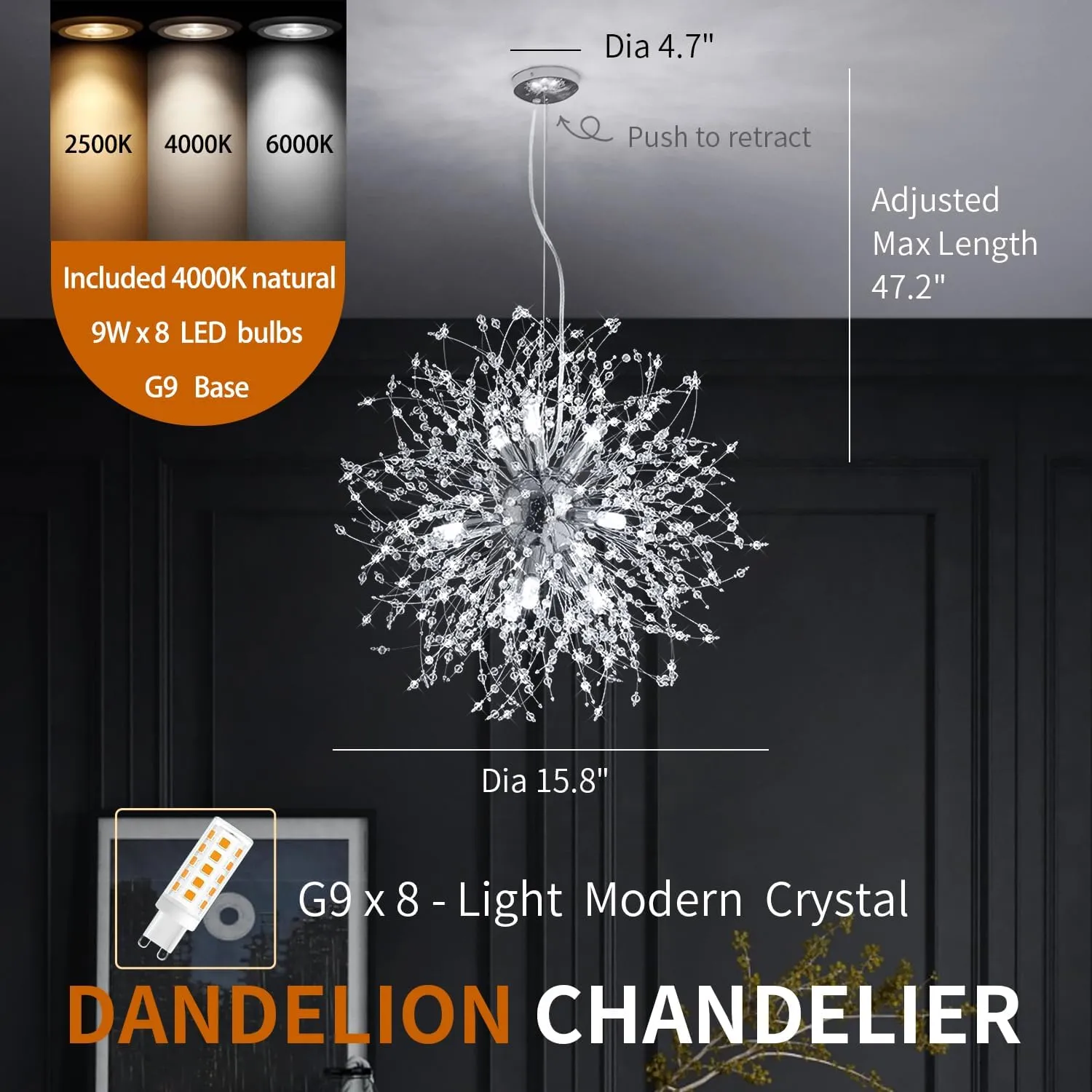 Dandelion Firework Chandelier Modern Crystal Pendant Lights Ceiling Light Fixtures Chandelier for Dining Room Living Room Kitchen Hallway, with 8 G9 Bulbs