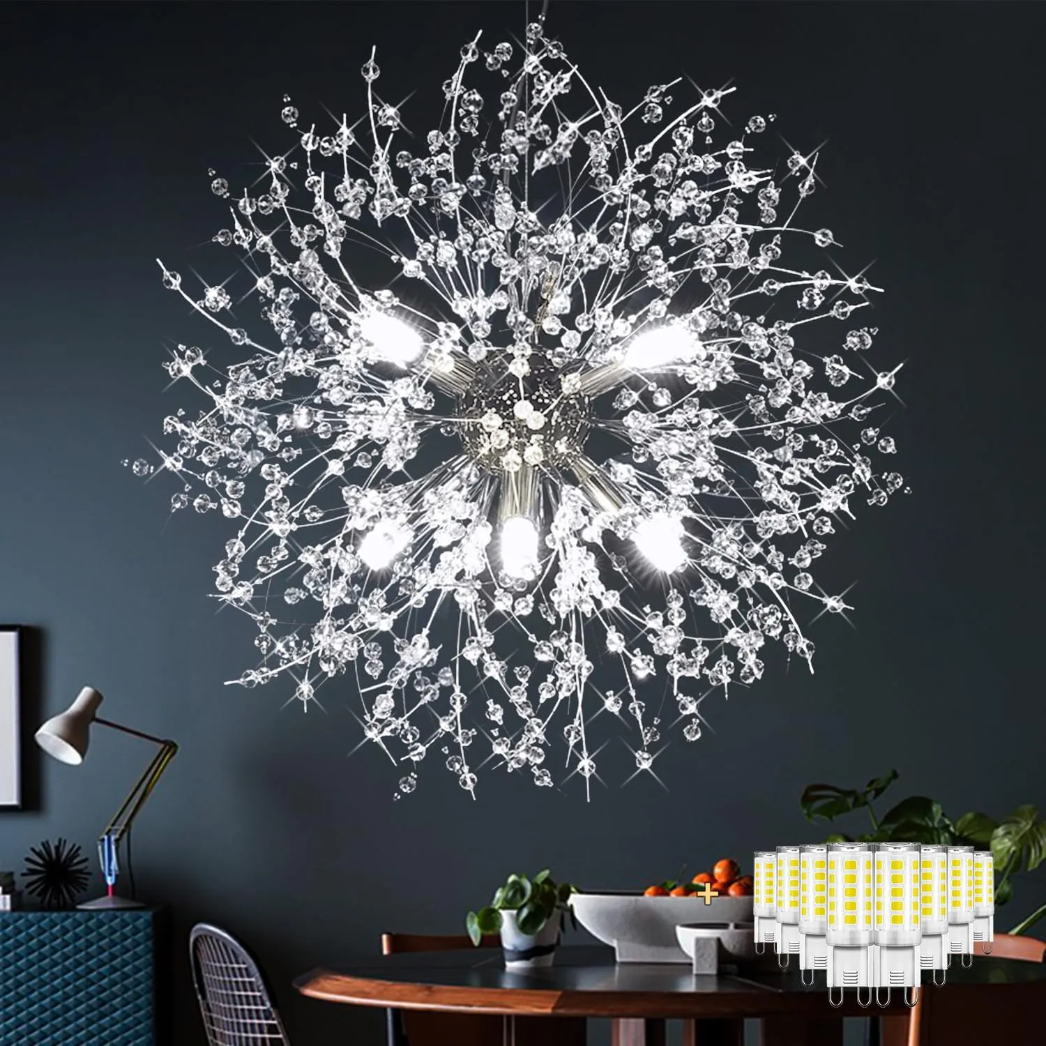 Dandelion Firework Chandelier Modern Crystal Pendant Lights Ceiling Light Fixtures Chandelier for Dining Room Living Room Kitchen Hallway, with 8 G9 Bulbs