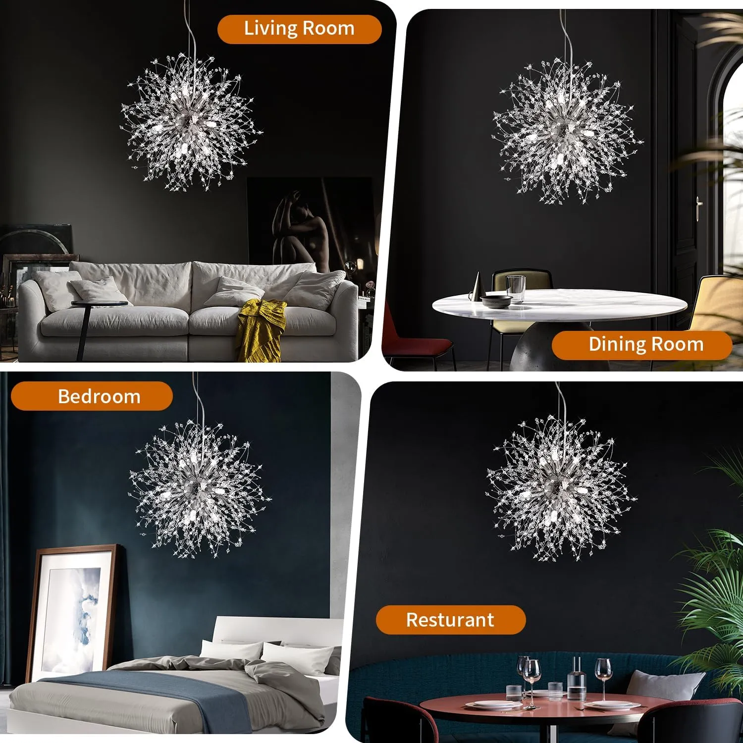 Dandelion Firework Chandelier Modern Crystal Pendant Lights Ceiling Light Fixtures Chandelier for Dining Room Living Room Kitchen Hallway, with 8 G9 Bulbs