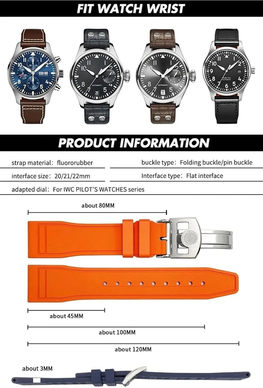 DASEB 22mm Soft Fluororubber FKM Watchbands 21mm 20mm For IWC Big Pilot Portofino Natural Rubber Watch Strap Tools
