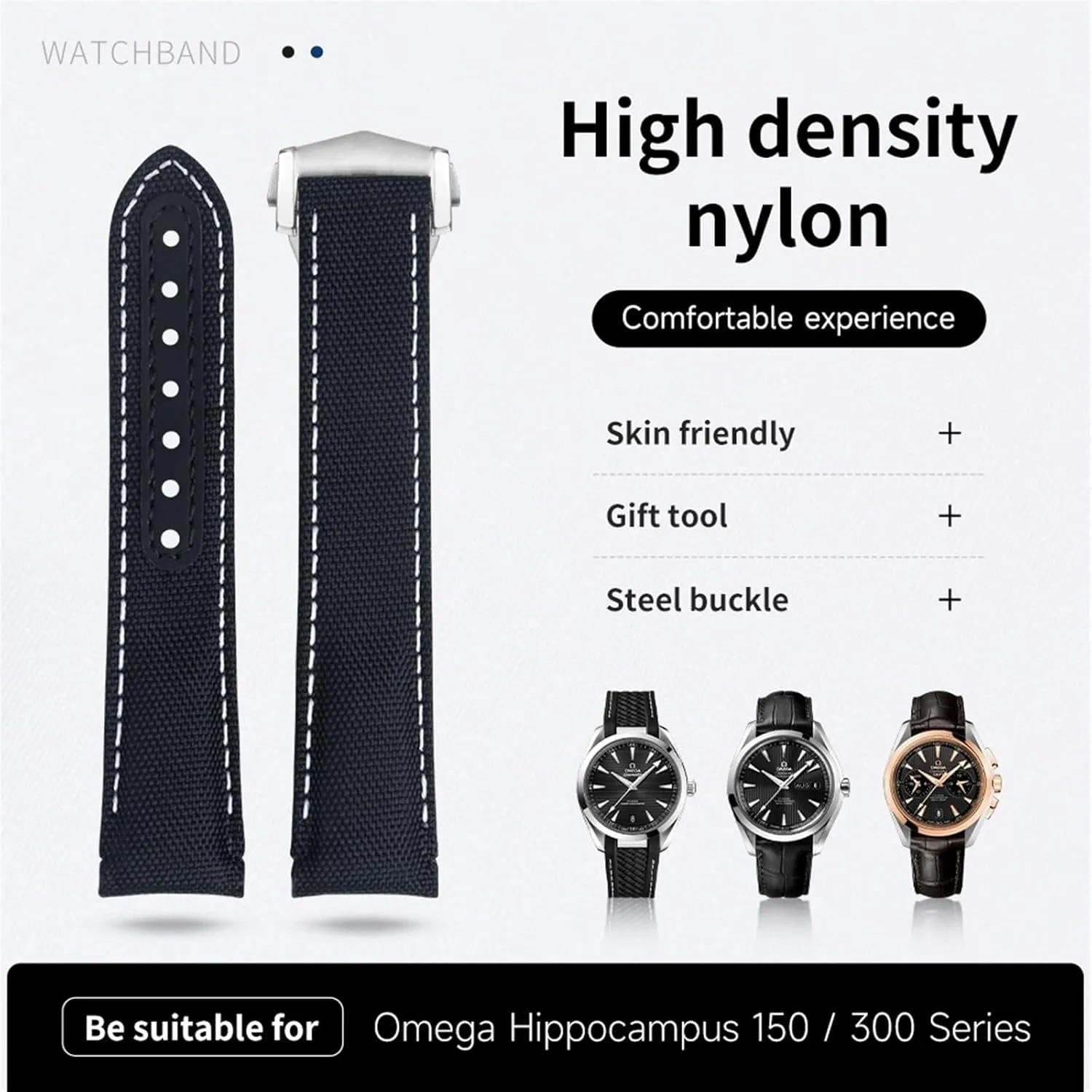 DASEB For Omega Strap AT150 Seamaster 300 Planet Ocean De Ville Speedmaster Curved End Watch Band 20mm Black White Line High Density Nylon Cowhide Watchbands