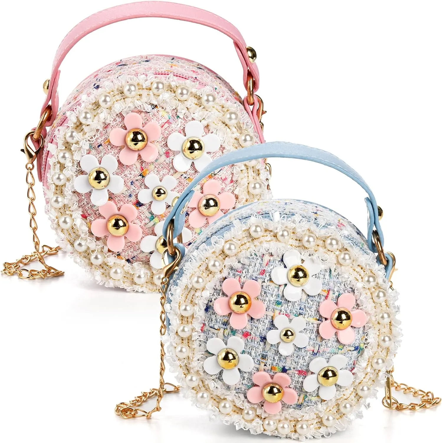 DEAYOU 2 Pack Little Girls Purse, Kids Purse Mini Crossbody Bag, Cute Princess Shoulder Handbag Girls Wallets with Chain for Teenagers, Gifts, Birthday, Party, Round, Pearl Flowers Style, Pink, Blue