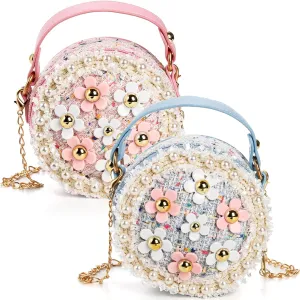 DEAYOU 2 Pack Little Girls Purse, Kids Purse Mini Crossbody Bag, Cute Princess Shoulder Handbag Girls Wallets with Chain for Teenagers, Gifts, Birthday, Party, Round, Pearl Flowers Style, Pink, Blue