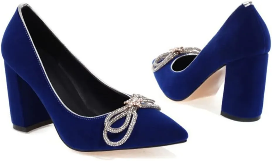 DEERBUNNY Women's Suede Slip On Court Shoes Zircon Bows Pointed Toe Block Heels Pumps Formal Occasions Mid High Heels Dress Shoes