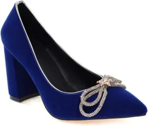 DEERBUNNY Women's Suede Slip On Court Shoes Zircon Bows Pointed Toe Block Heels Pumps Formal Occasions Mid High Heels Dress Shoes