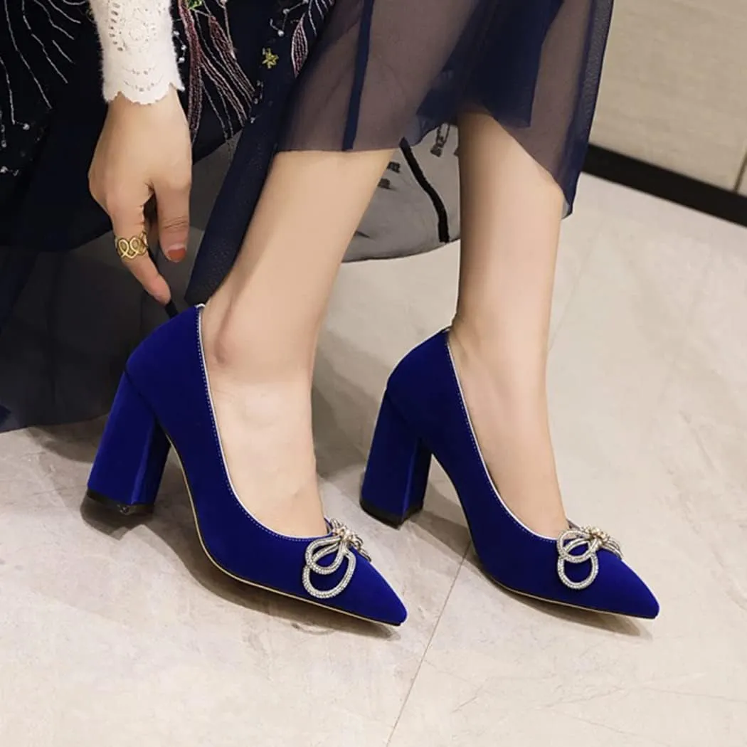 DEERBUNNY Women's Suede Slip On Court Shoes Zircon Bows Pointed Toe Block Heels Pumps Formal Occasions Mid High Heels Dress Shoes
