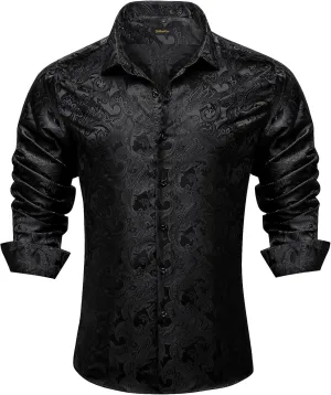 DiBanGu Men's Silk Paisley Dress Shirt Formal Long Sleeve Button-Down Casual Shirts for Wedding Party