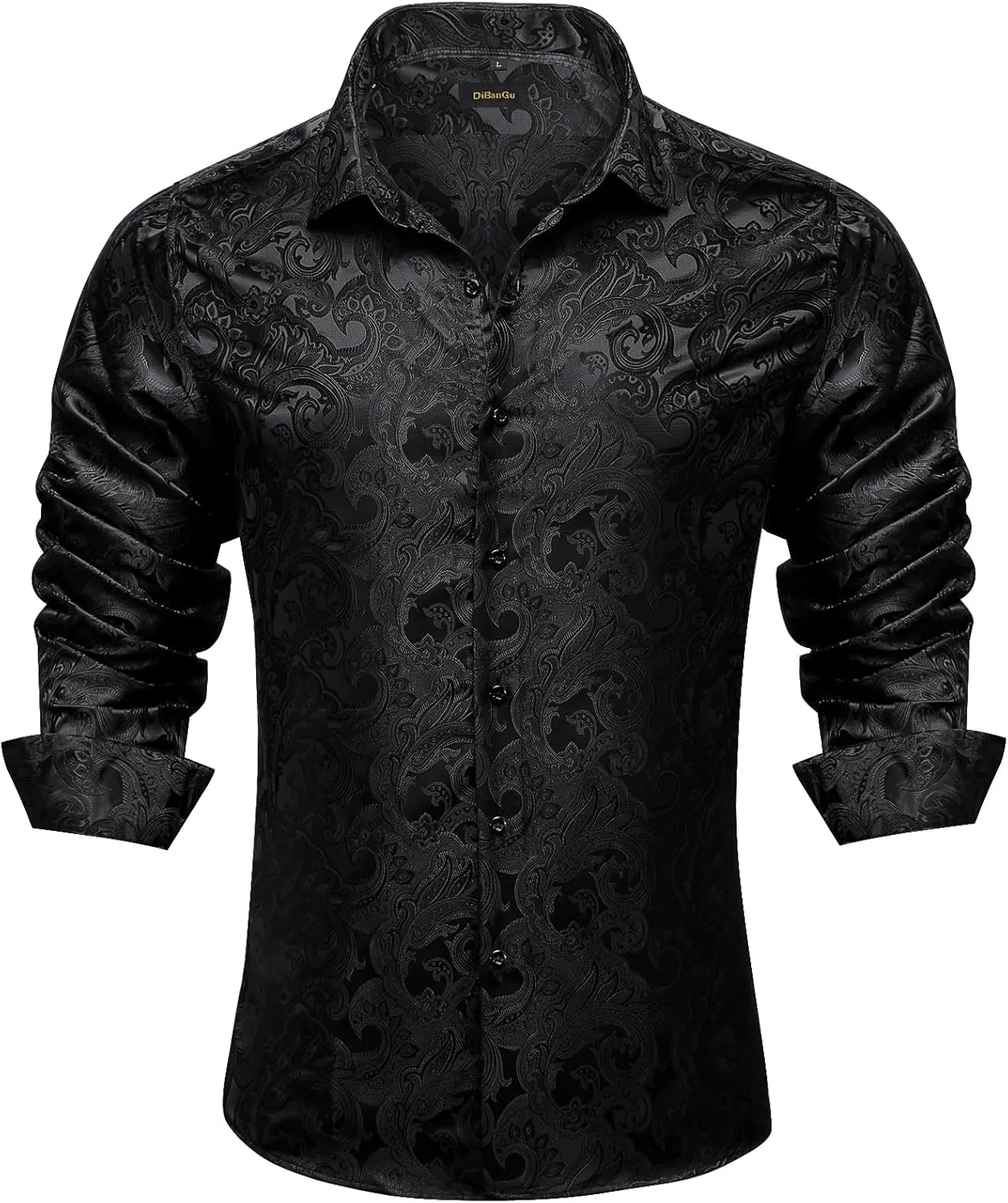 DiBanGu Men's Silk Paisley Dress Shirt Formal Long Sleeve Button-Down Casual Shirts for Wedding Party