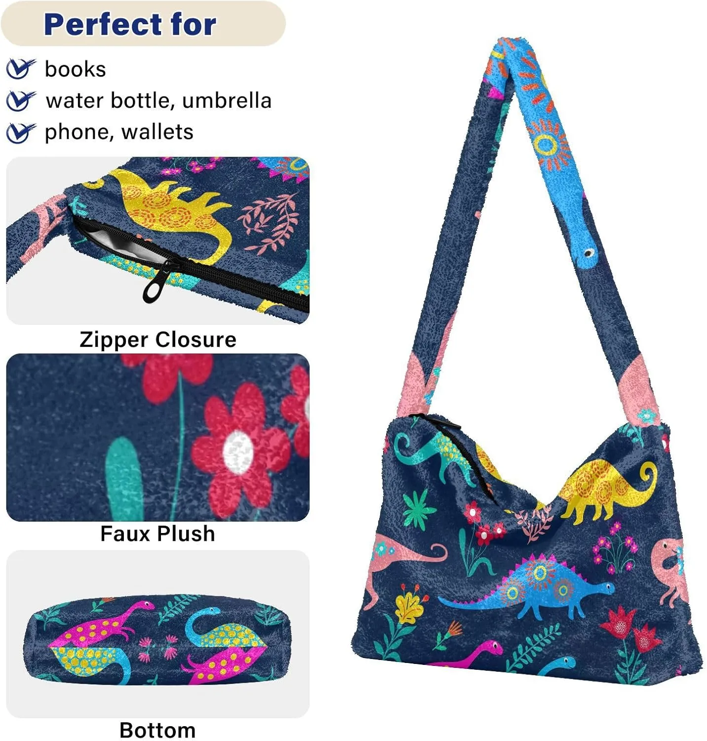 Dinosaurs Cute Plush Tote Bag, Purses for Women Shoulder Bag, Womens Outdoor Bag