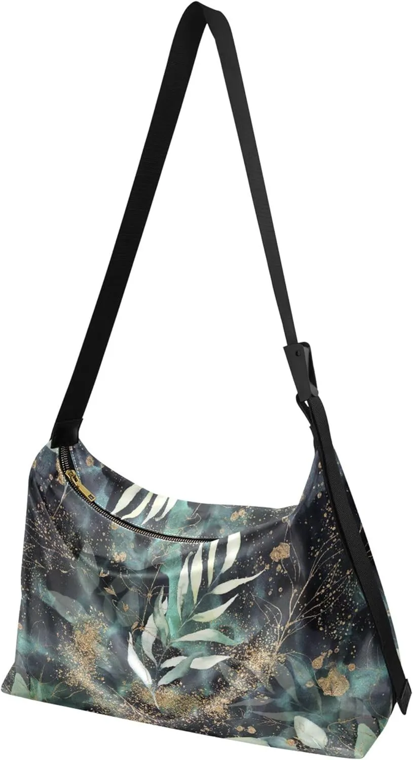 Dinosaurs Tropical Green Leaf Soft PU Leather Hobo Bags Women's Large Purse Design Leaf Print Women Hobo Purse