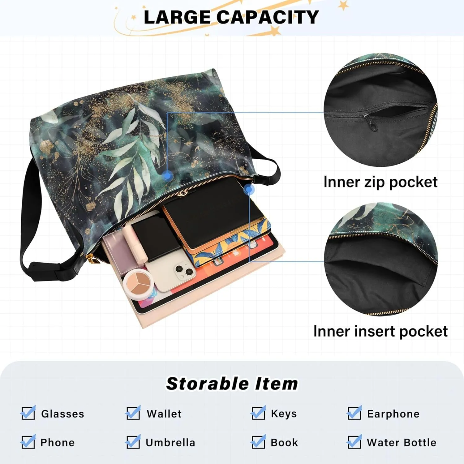Dinosaurs Tropical Green Leaf Soft PU Leather Hobo Bags Women's Large Purse Design Leaf Print Women Hobo Purse