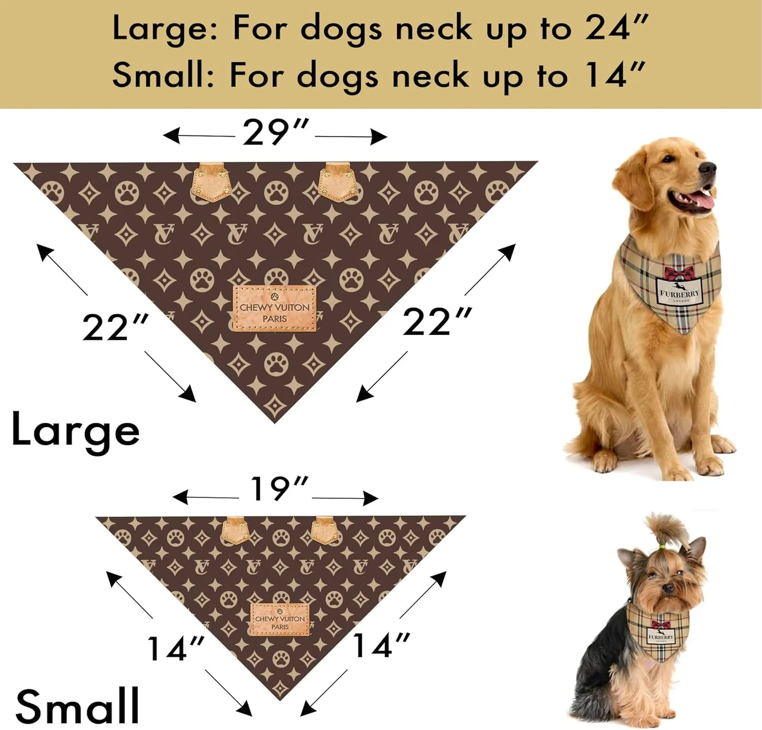 Dog Bandana Chewy Vuiton Designer Fashion Clothes Scarf Kerchief for Small Medium and Large Dogs. Funny Parody Gift for Girl or boy Dog Soft Durable Fabric, Adjustable tie-on Style Triangle