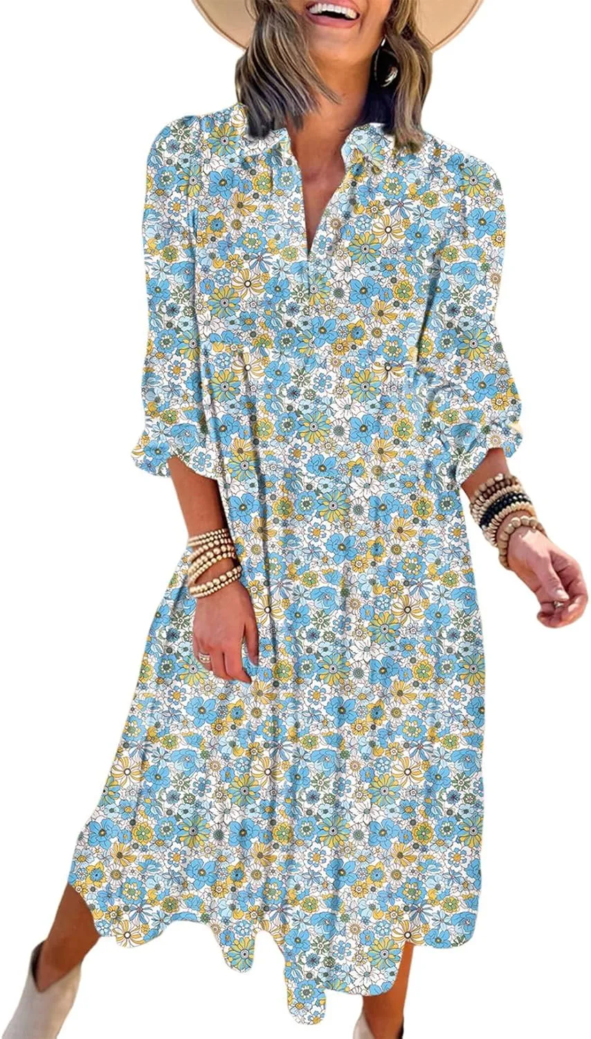 Dokotoo Women's Casual Loose Bohemian Floral Dresses 2025 Long Puff Sleeve V Neck Ruffle A Line Flowy Summer Beach Dress