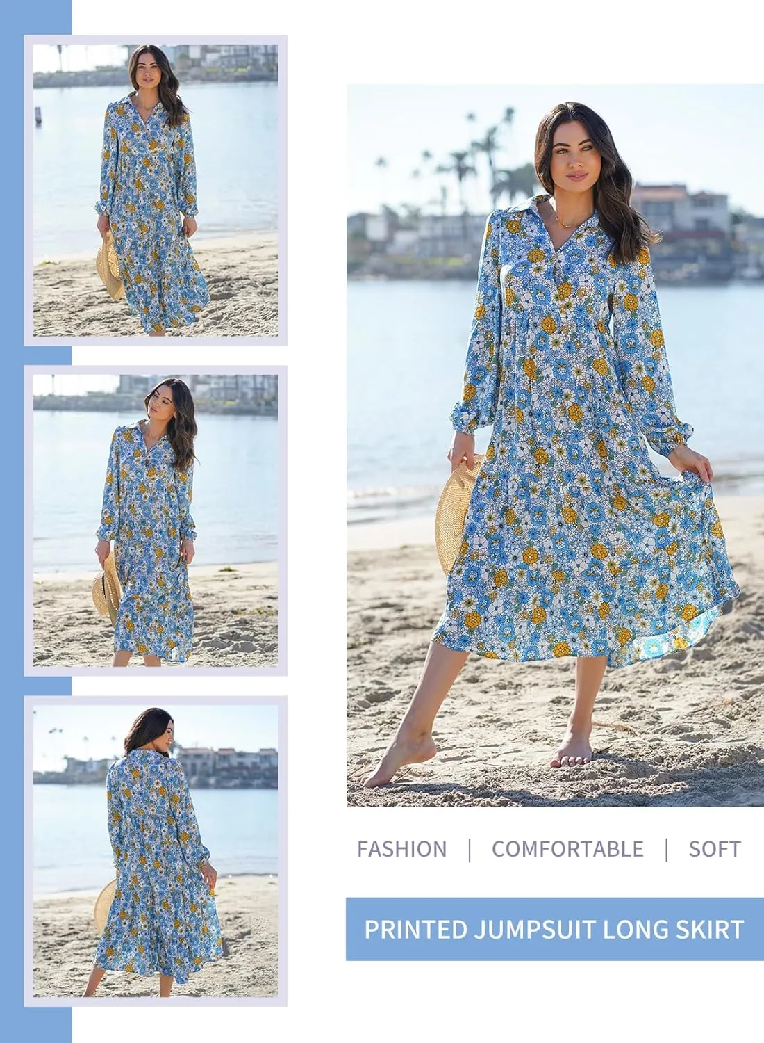 Dokotoo Women's Casual Loose Bohemian Floral Dresses 2025 Long Puff Sleeve V Neck Ruffle A Line Flowy Summer Beach Dress
