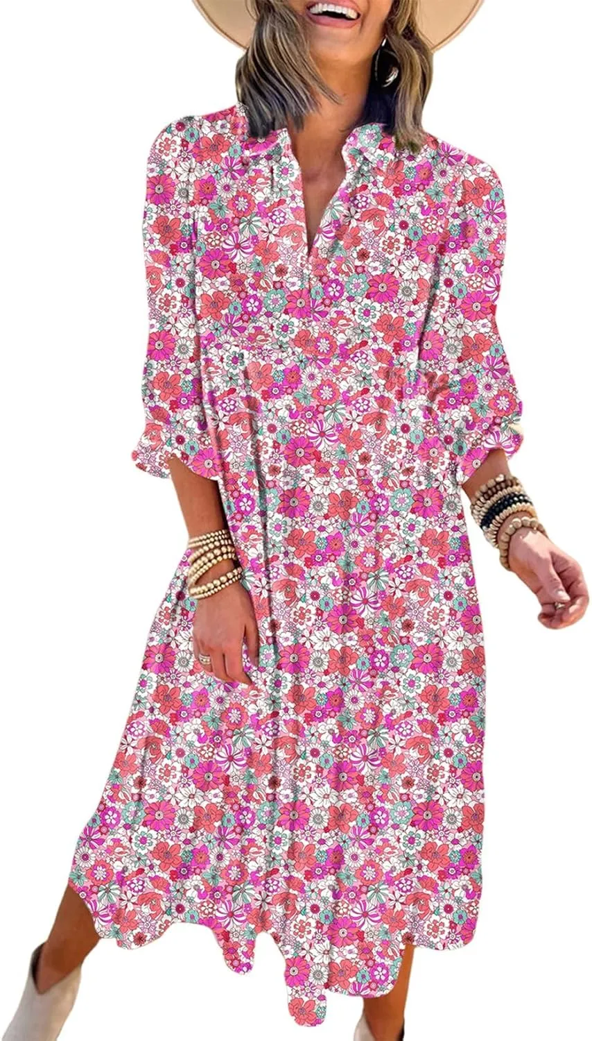 Dokotoo Women's Casual Loose Bohemian Floral Dresses 2025 Long Puff Sleeve V Neck Ruffle A Line Flowy Summer Beach Dress