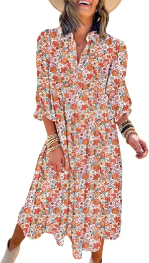 Dokotoo Women's Casual Loose Bohemian Floral Dresses 2025 Long Puff Sleeve V Neck Ruffle A Line Flowy Summer Beach Dress