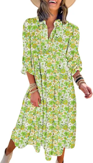 Dokotoo Women's Casual Loose Bohemian Floral Dresses 2025 Long Puff Sleeve V Neck Ruffle A Line Flowy Summer Beach Dress