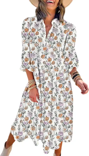 Dokotoo Women's Casual Loose Bohemian Floral Dresses 2025 Long Puff Sleeve V Neck Ruffle A Line Flowy Summer Beach Dress