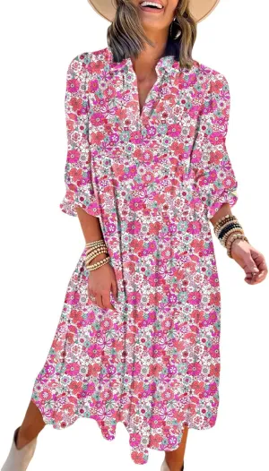 Dokotoo Women's Casual Loose Bohemian Floral Dresses 2025 Long Puff Sleeve V Neck Ruffle A Line Flowy Summer Beach Dress