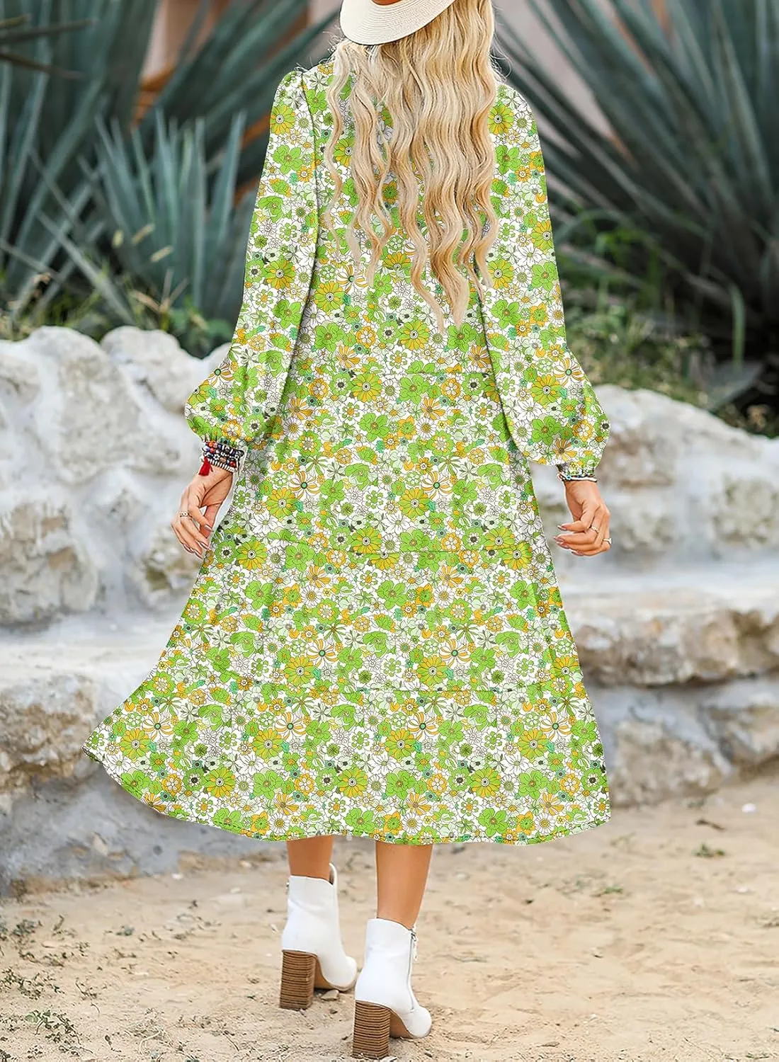 Dokotoo Women's Casual Loose Bohemian Floral Dresses 2025 Long Puff Sleeve V Neck Ruffle A Line Flowy Summer Beach Dress