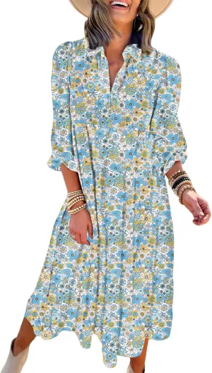 Dokotoo Women's Casual Loose Bohemian Floral Dresses 2025 Long Puff Sleeve V Neck Ruffle A Line Flowy Summer Beach Dress