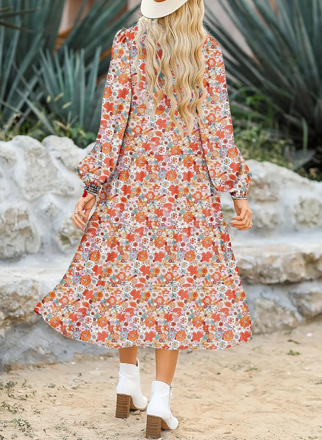 Dokotoo Women's Casual Loose Bohemian Floral Dresses 2025 Long Puff Sleeve V Neck Ruffle A Line Flowy Summer Beach Dress