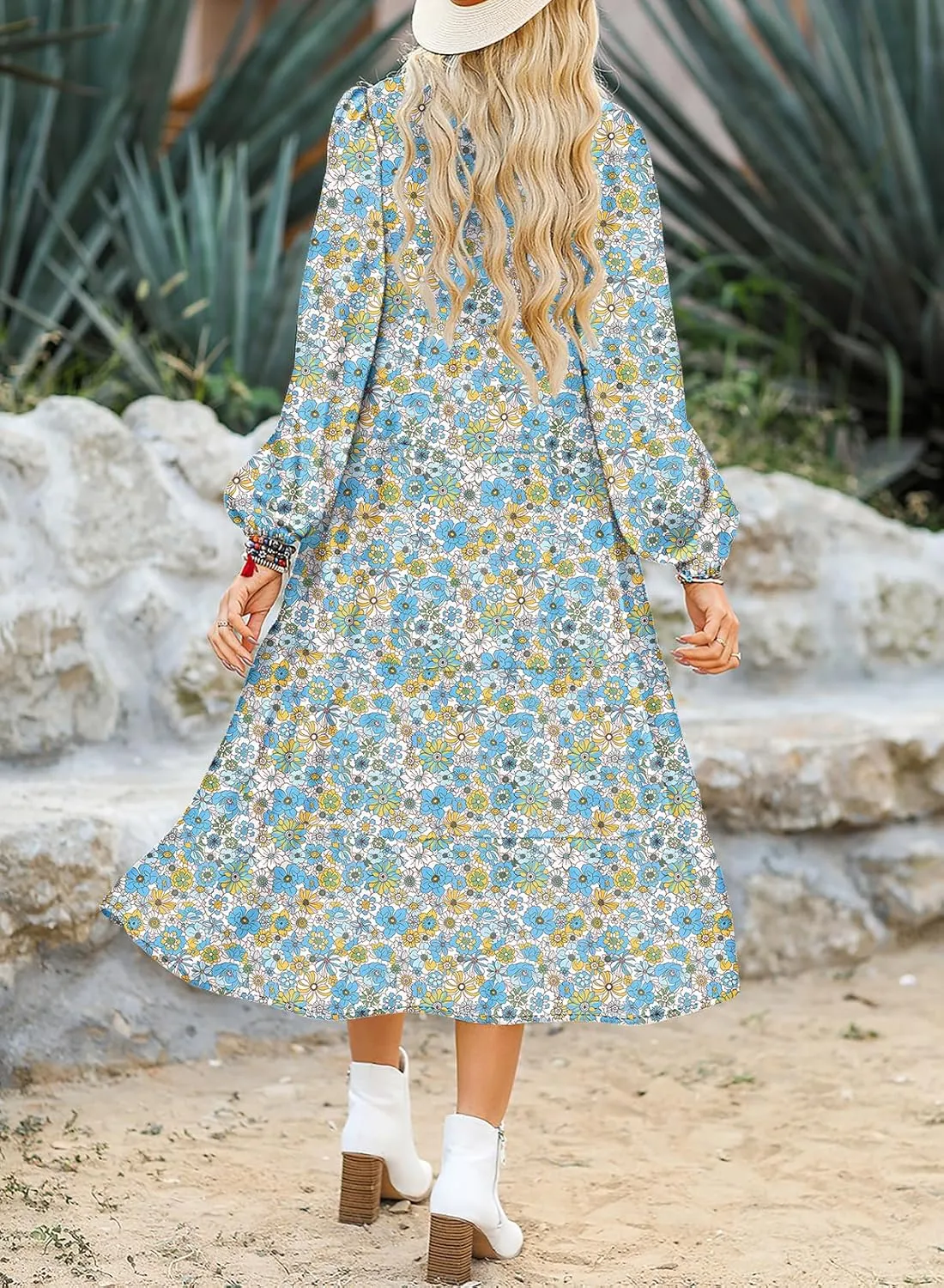 Dokotoo Women's Casual Loose Bohemian Floral Dresses 2025 Long Puff Sleeve V Neck Ruffle A Line Flowy Summer Beach Dress