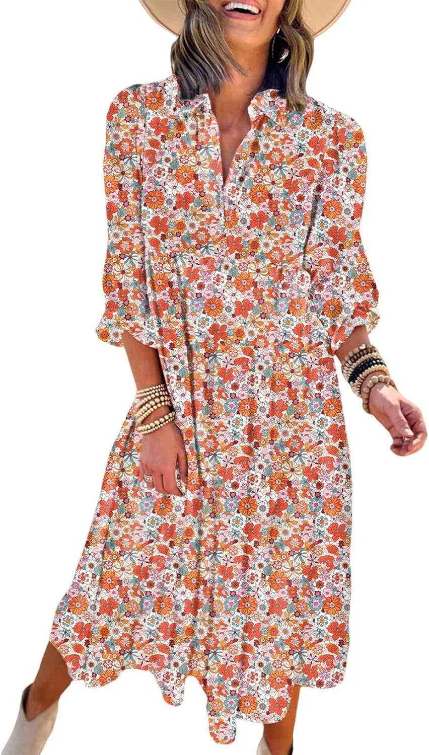 Dokotoo Women's Casual Loose Bohemian Floral Dresses 2025 Long Puff Sleeve V Neck Ruffle A Line Flowy Summer Beach Dress