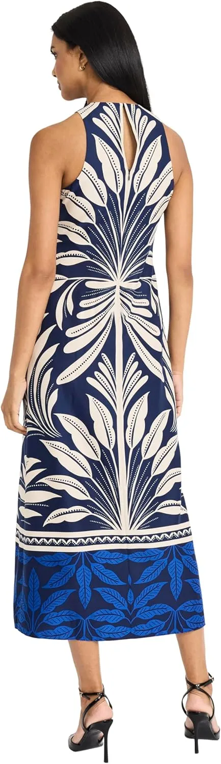 Donna Morgan Women's Halter Neck High Waist Midi Sleeveless a Line Silhouette-Special Occasion Wedding Guest Dress