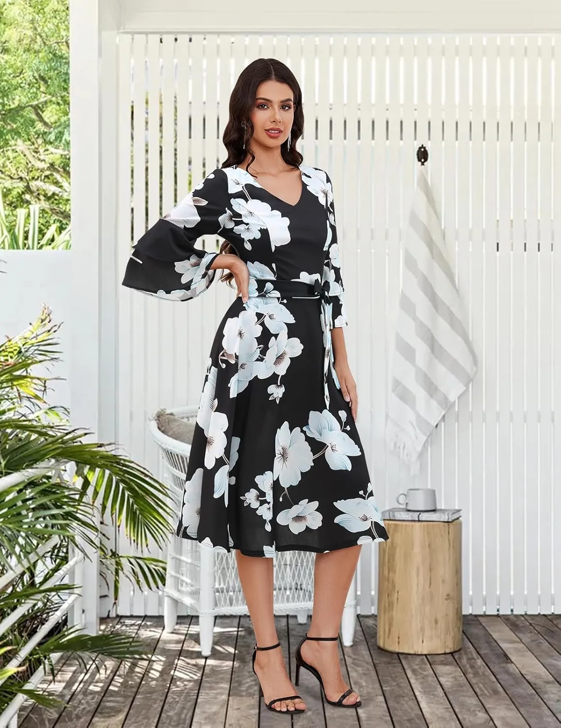 DRESSTELLS Cocktail Dress 2025, Long Bell Sleeves & V-Neck, Formal Bridesmaid Prom Dresses for Party