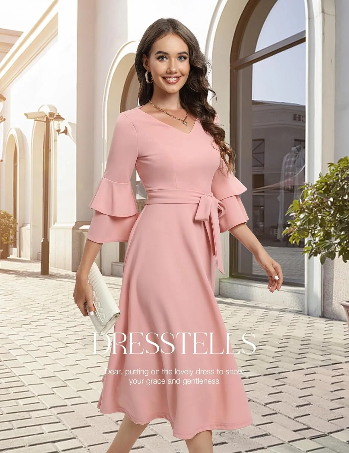 DRESSTELLS Cocktail Dress 2025, Long Bell Sleeves & V-Neck, Formal Bridesmaid Prom Dresses for Party