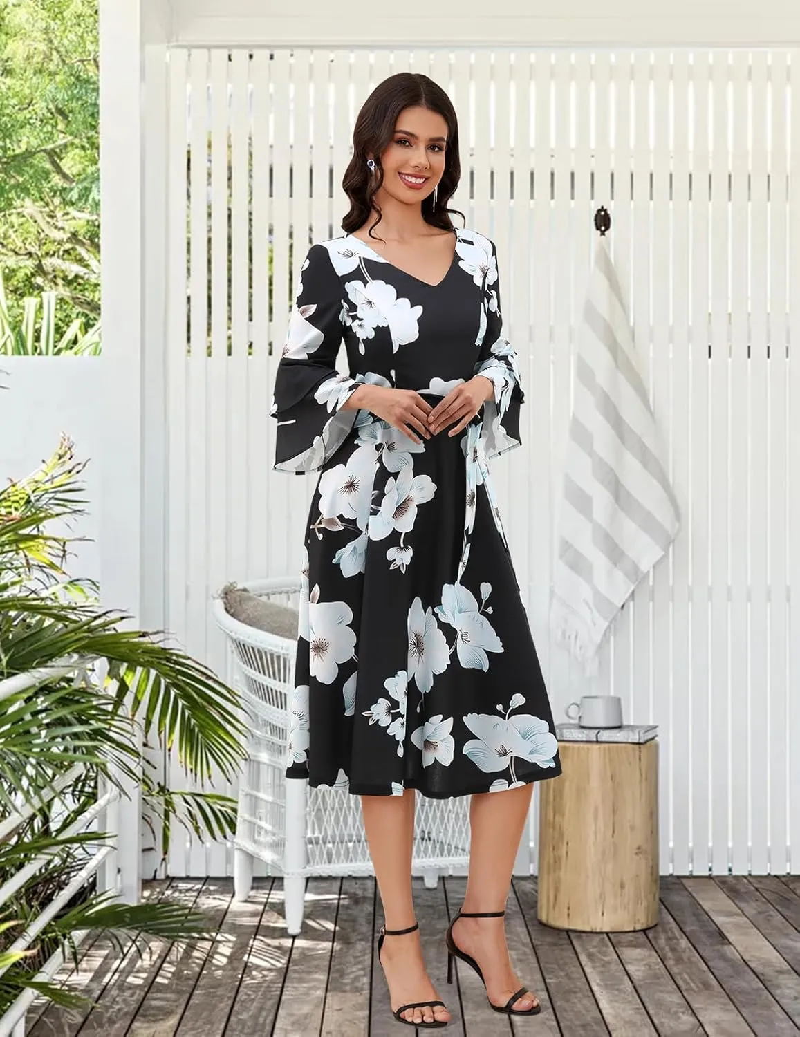 DRESSTELLS Cocktail Dress 2025, Long Bell Sleeves & V-Neck, Formal Bridesmaid Prom Dresses for Party